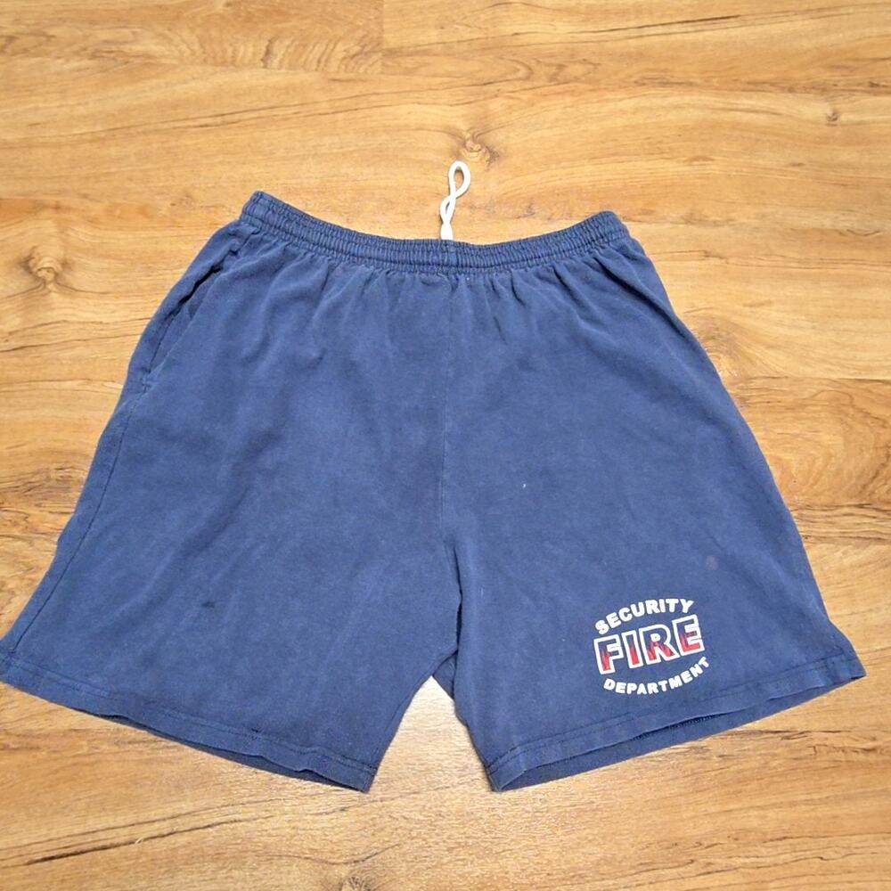 Vintage Security Fire Department Shorts Anvil Blue Graphic 90s Large
